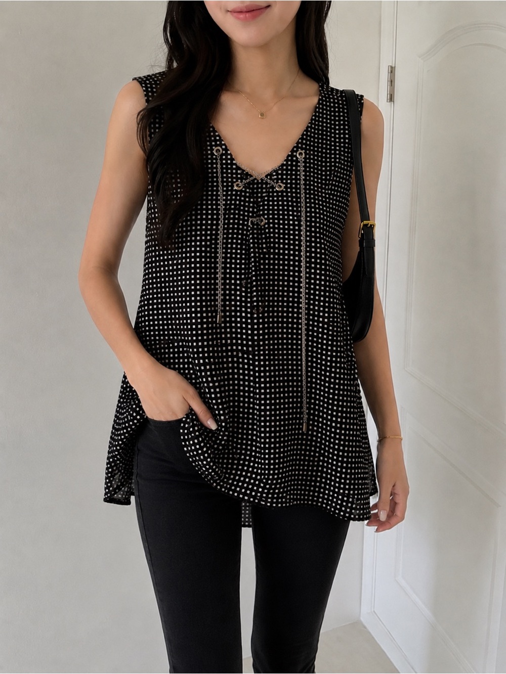 Michael Kors Black Polka Dot Lace-Up V-Neck Tank